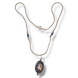 Vintage Avon Cloisonne Floral Pendant Necklace Gold Tone Blue Enamel 15"